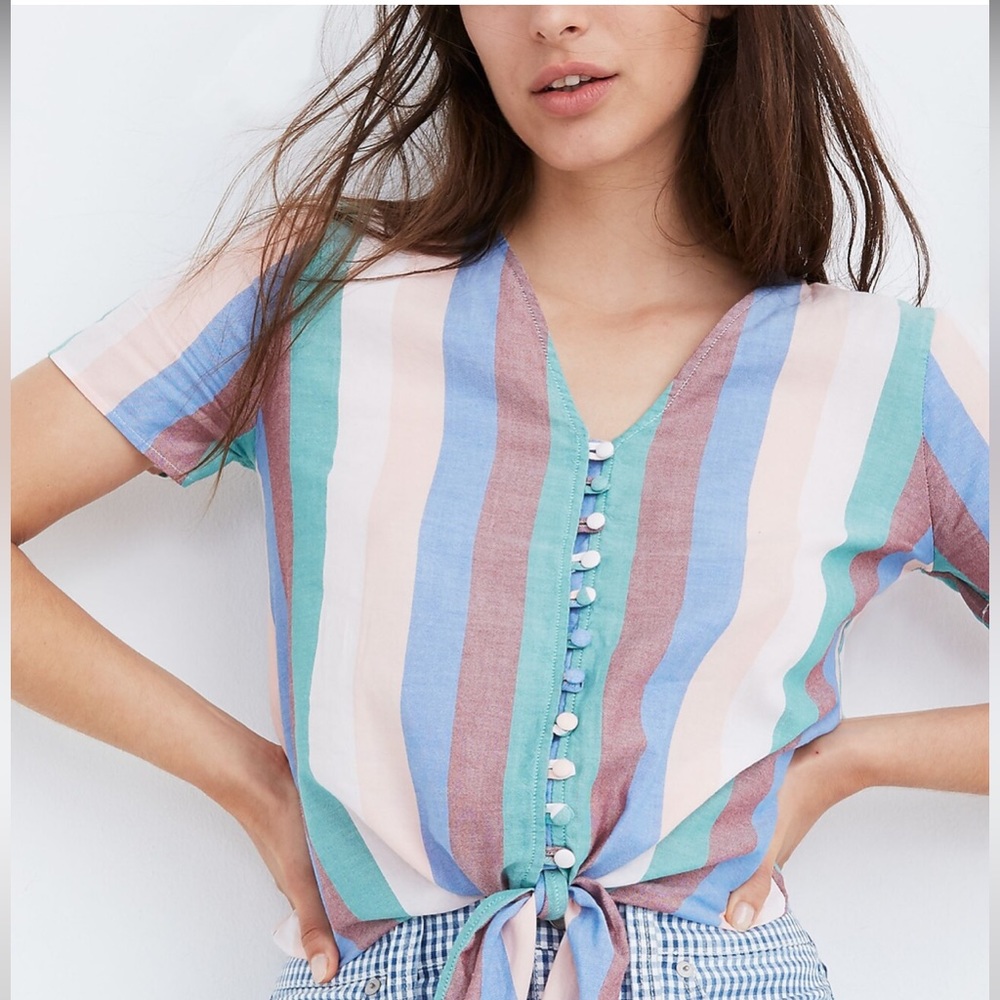 Madewell | Multicolor Tie-Front Button Top in Flagstaff Stripe | Women’s Medium